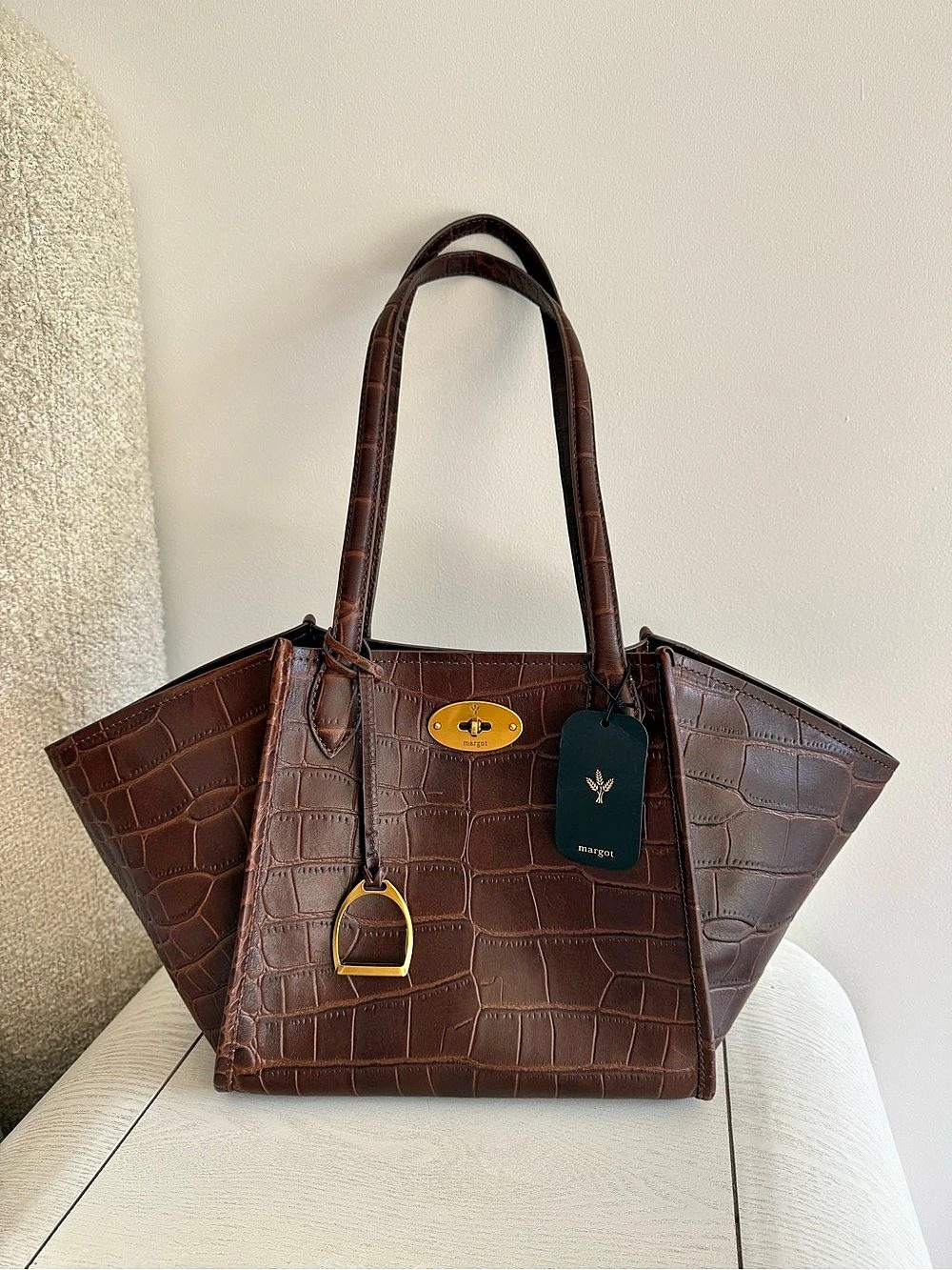 Margot Phoebe M. Tote Leather Crocodile Embossed Tote in Brown NWT
